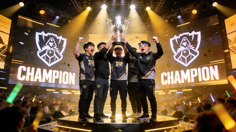 电竞战队在舞台上捧起冠军奖杯的激动瞬间